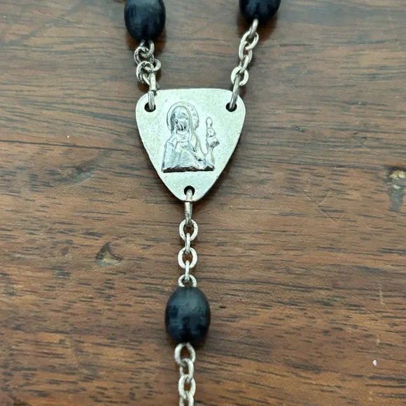 VTG Black Beaded Rosary Necklace with Silver Toned Cross Devotional Piece - Picture 3 of 5